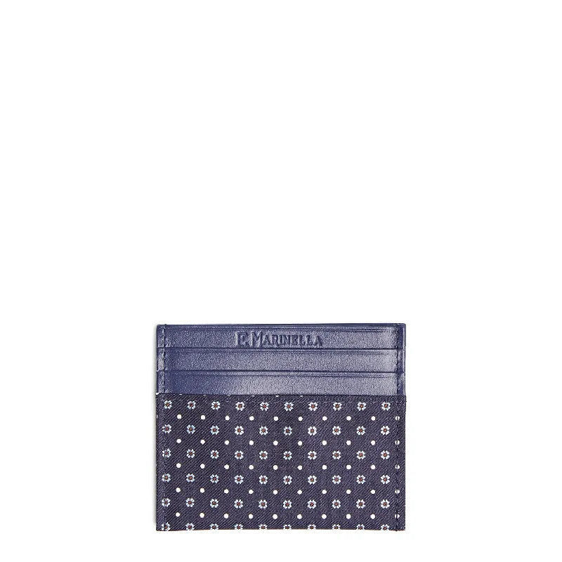 DARK BLUE SILK AND LEATHER CREDIT CARD HOLDER