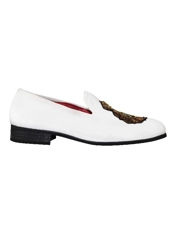 FAUX LEATHER EMBROIDERED VELVET LOAFERS IN WHITE