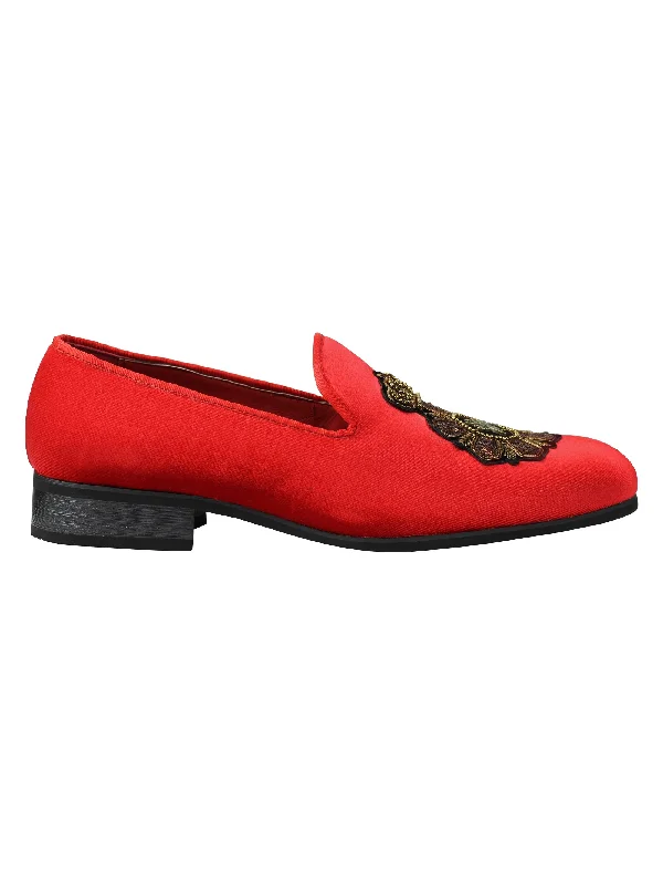 FAUX LEATHER EMBROIDERED VELVET LOAFERS IN RED