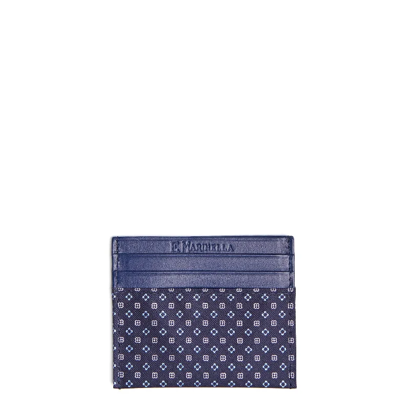 DARK BLUE SILK AND LEATHER CREDIT CARD HOLDER