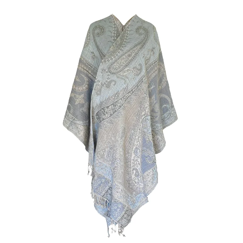 Powder Blue Paisley Wool Wrap Poncho