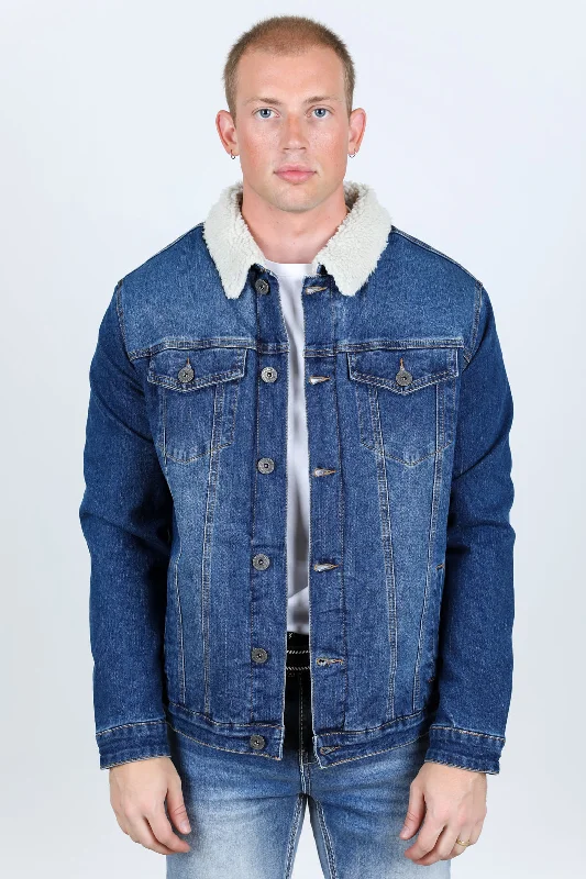 Mens Sherpa Lined Denim Jacket - Dark Blue