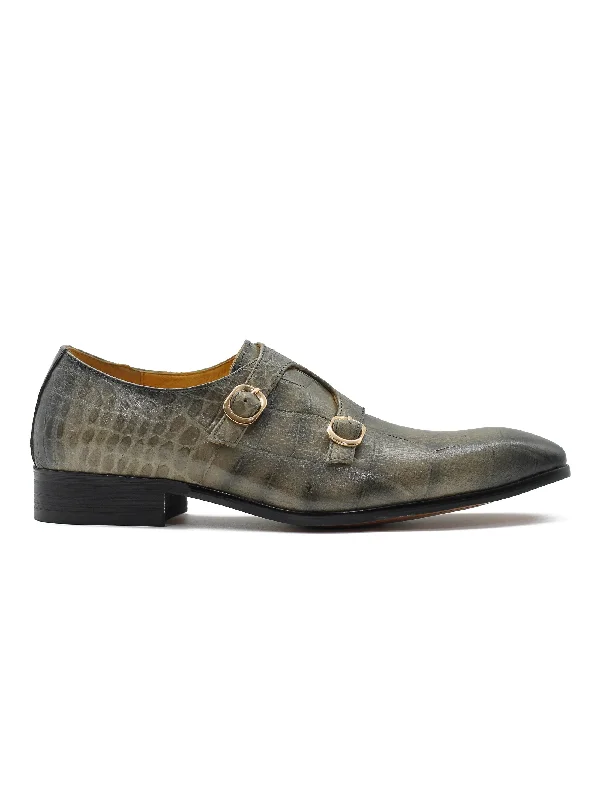 GREY CROC PRINT DOUBLE MONK SHOES