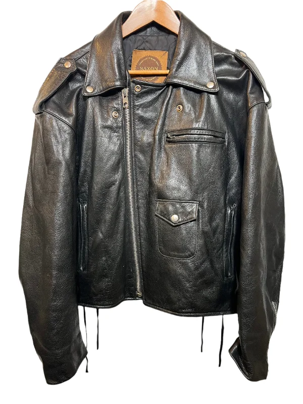 Saxon Leather Black Leather Biker Jacket (Size S)