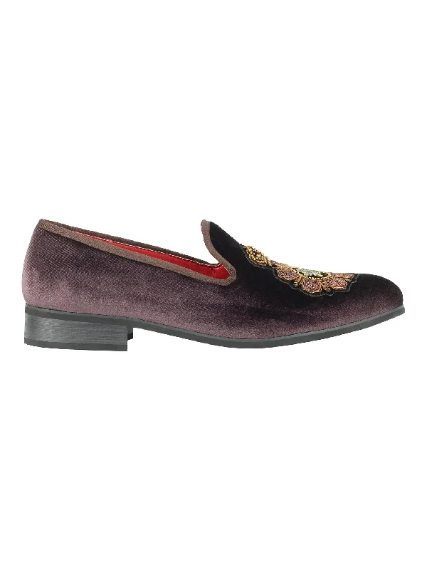 FAUX LEATHER EMBROIDERED VELVET LOAFERS IN BROWN