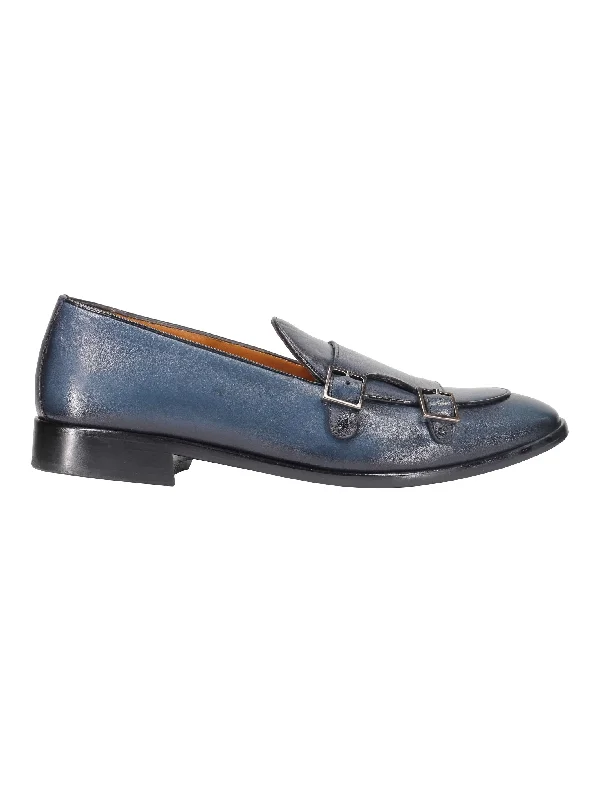 Blue Calf Leather Double Monk Loafers