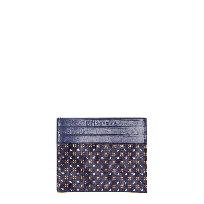 DARK BLUE SILK AND LEATHER CREDIT CARD HOLDER