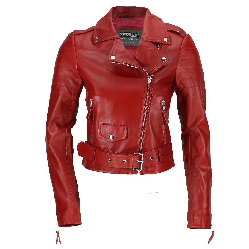 RED BIKER LEATHER JACKET FOR LADIES