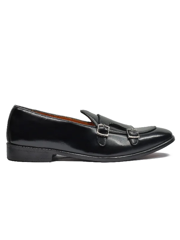 BLACK POLISHED LEATHER DOUBLE MONK SHOES