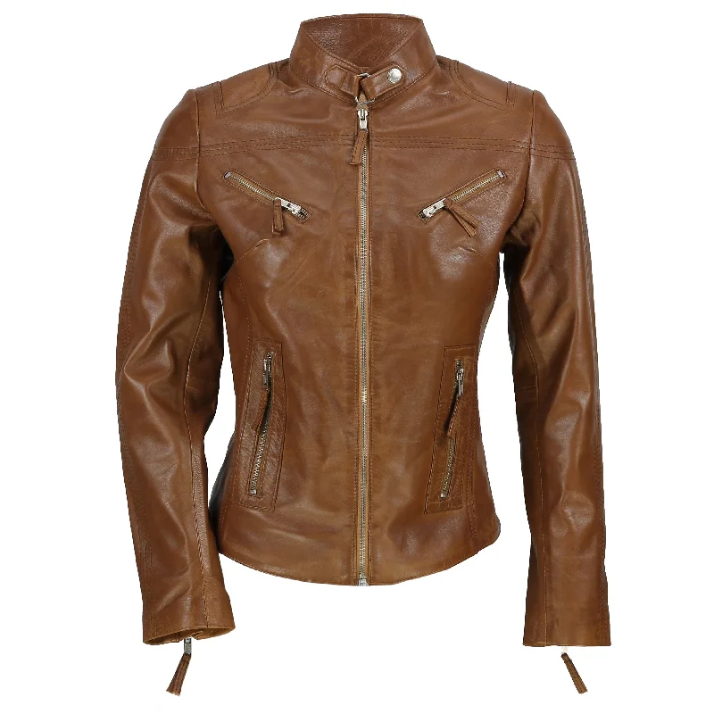 XPOSED LADIES LEATHER JACKET IN TAN