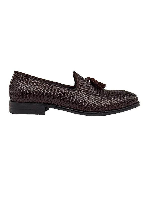 BROWN WOVEN LEATHER TASSEL LOAFER