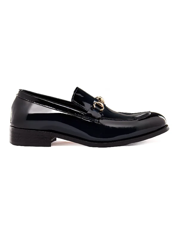 BLUE PATENT LEATHER GOLD BUCKLE LOAFERS