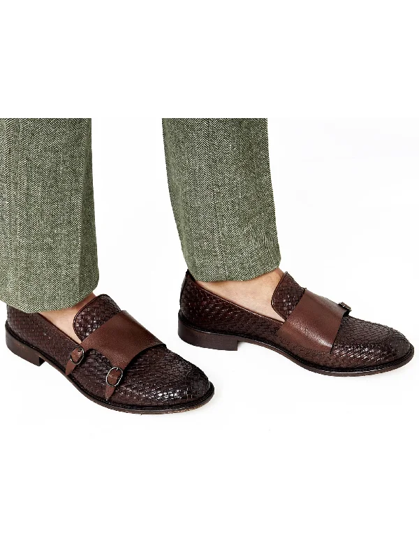 FLORENCE 2 - DOUBLE BUCKLE MONK LOAFER IN BROWN INTERWEAVE ITALIAN LEATHER