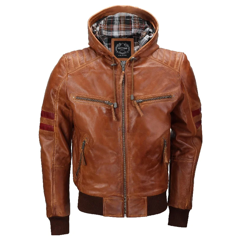 BOMBER BIKER SLIM FIT TIMBER LEATHER JACKET WITH HOOD