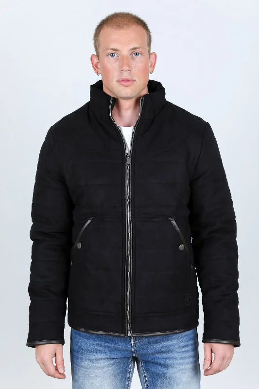 Mens Fur Lined Quilted Faux Suede Jacket - Black