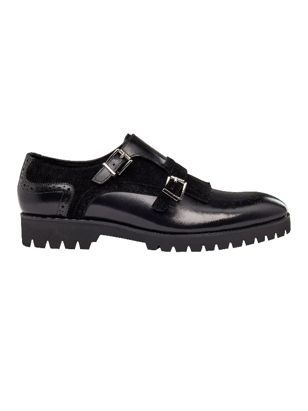 BLACK LEATHER & SUEDE DOUBLE MONK SHOES