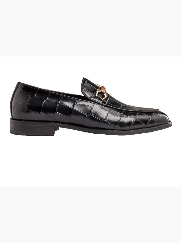 BLACK PRINTED GOLD BUCKLE LOAFERS