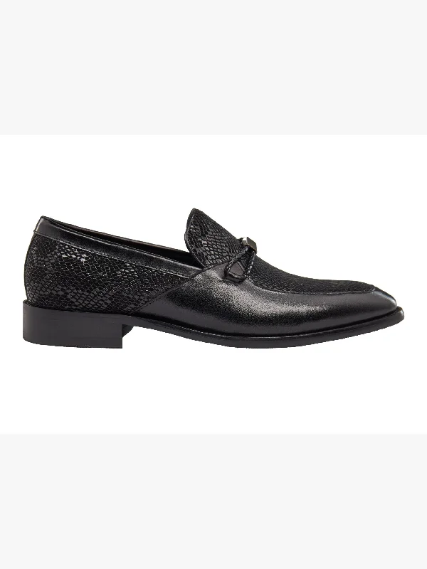 BLACK LEATHER PRINTED LOAFERS