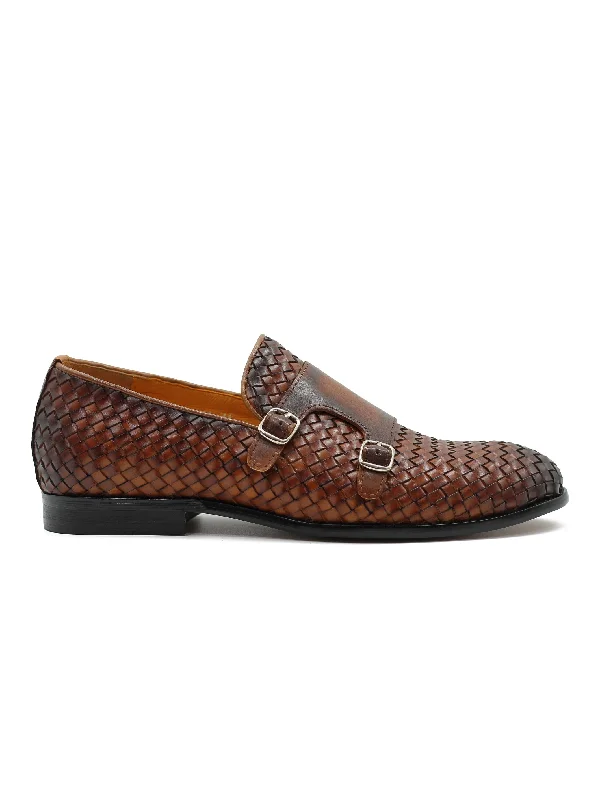 BROWN WOVEN LEATHER DOUBLE MONK SHOES