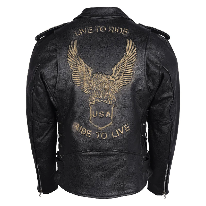 HMM525 Men's Eagle Embossed Live To Ride - Ride To Live Classic Black Leather Motorcycle Biker Jacket