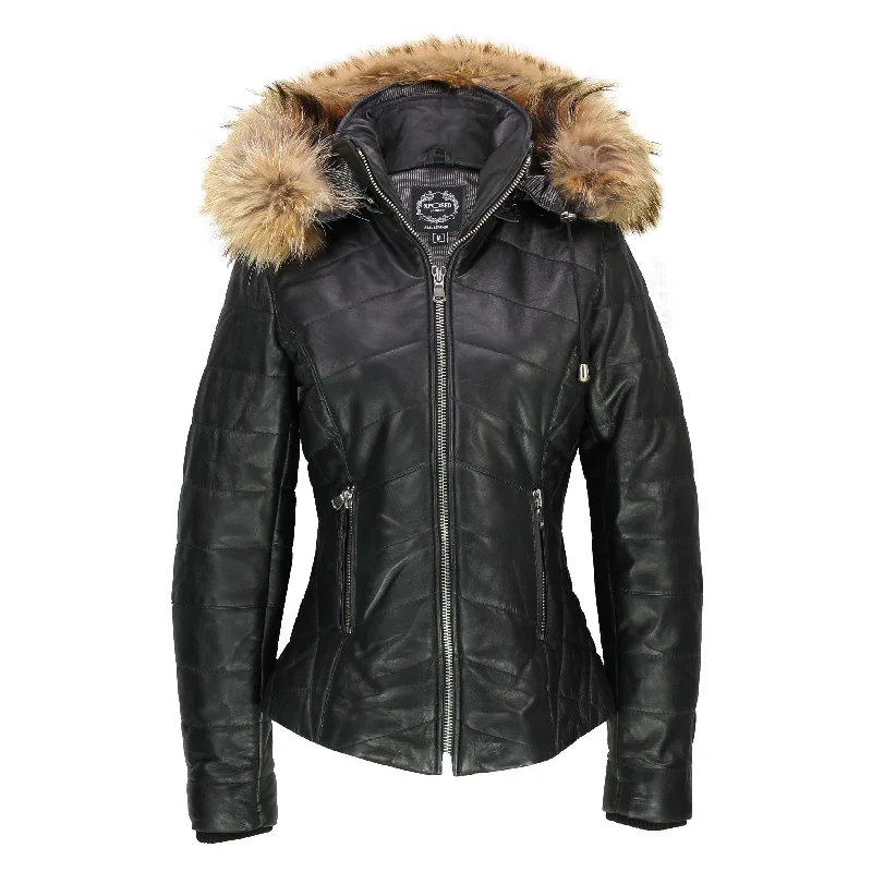 LADIES LEATHER JACKET WITH REMOVABLE FUR HOOD