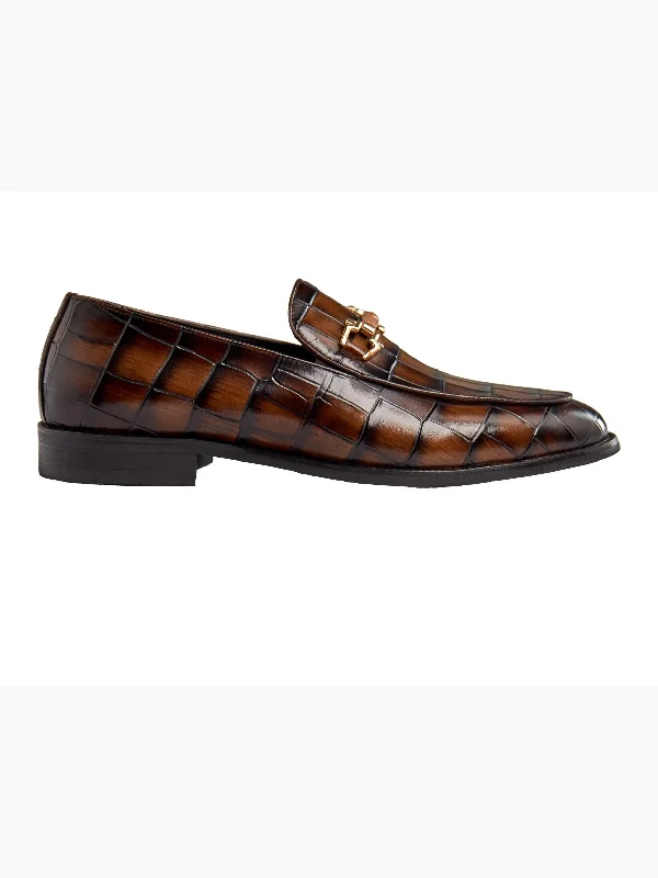 BROWN PRINTED GOLD BUCKLE LOAFERS