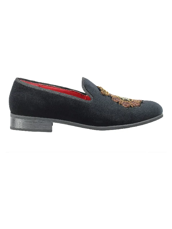 FAUX LEATHER EMBROIDERED VELVET LOAFERS IN BLACK