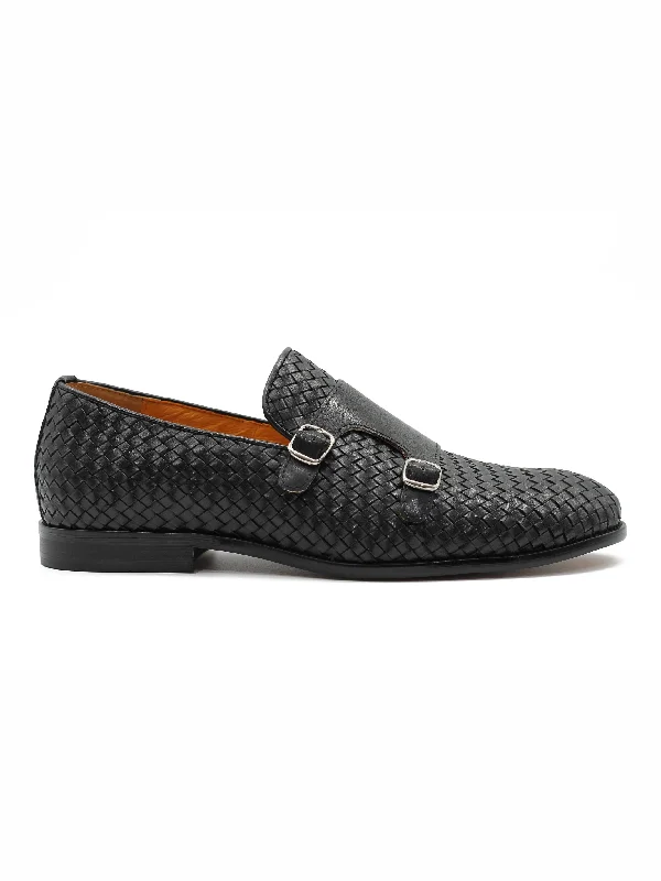 BLACK WOVEN LEATHER DOUBLE MONK SHOES