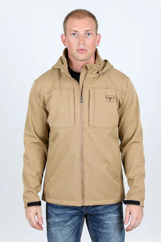 Mens Hooded Softshell Water-Resistant Jacket - Khaki