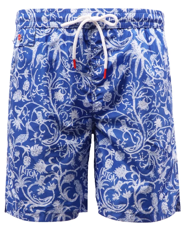 Blue and White Print Swim Shorts