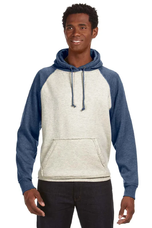 J America Mens Vintage Heather Hooded Sweatshirt Hoodie w/ Pouch Pocket - Oatmeal/Vintage Navy Blue