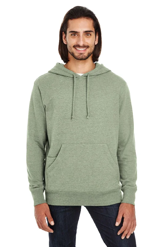 Threadfast Apparel Mens French Terry Hooded Sweatshirt Hoodie w/ Pouch Pocket - Heather Army Green - Closeout