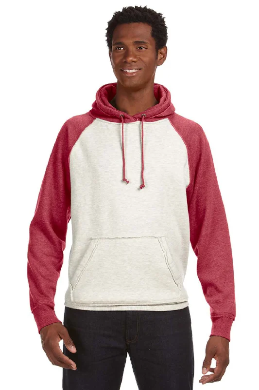 J America Mens Vintage Heather Hooded Sweatshirt Hoodie w/ Pouch Pocket - Oatmeal/Red