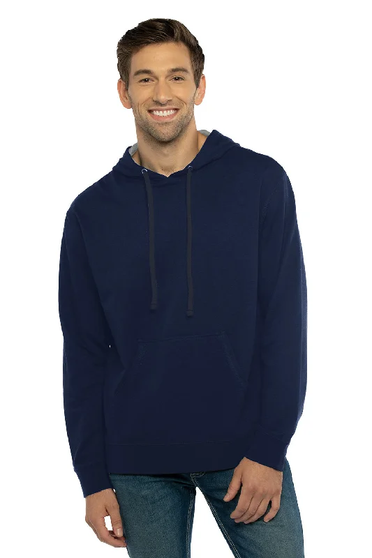 Next Level Mens French Terry Fleece Hooded Sweatshirt Hoodie w/ Pouch Pocket - Midnight Navy Blue/Heather Grey