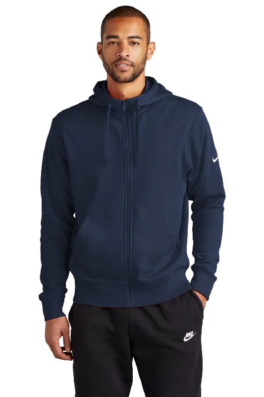 Nike Mens Club Fleece Full Zip Hooded Sweatshirt Hoodie w/ Pockets - Midnight Navy Blue