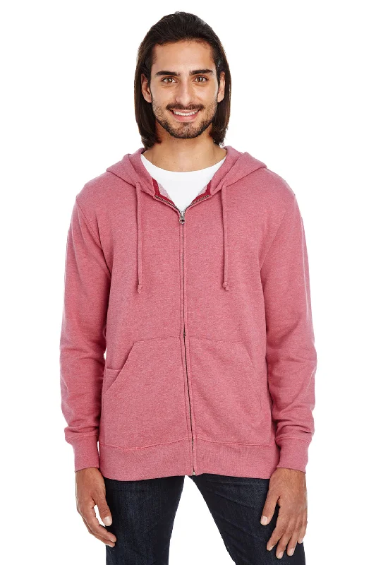 Threadfast Apparel Mens French Terry Full Zip Hooded Sweatshirt Hoodie w/ Pockets - Heather Cardinal Red - Closeout