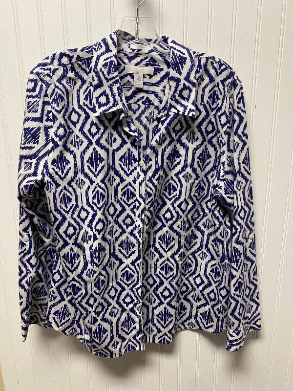 Top Long Sleeve By Chicos In Blue & White, Size: Xl