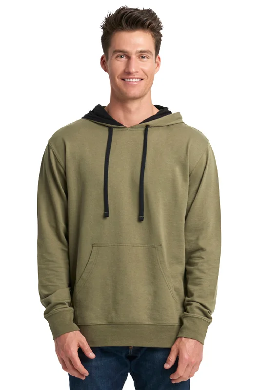 Next Level Mens French Terry Fleece Hooded Sweatshirt Hoodie w/ Pouch Pocket - Military Green/Black