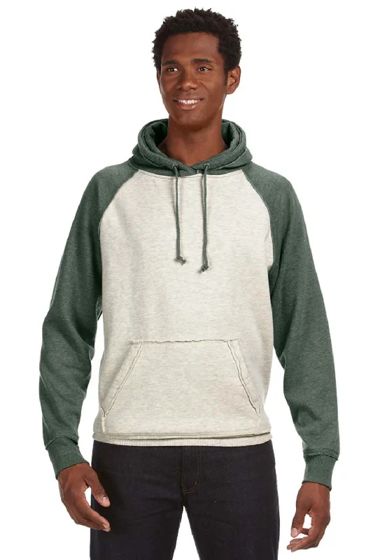 J America Mens Vintage Heather Hooded Sweatshirt Hoodie w/ Pouch Pocket - Oatmeal/Army Green