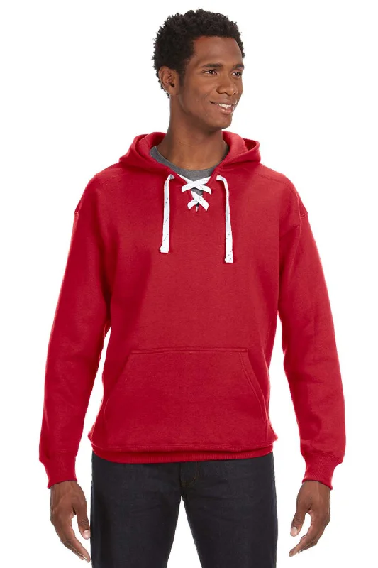 J America Mens Sport Lace Hooded Sweatshirt Hoodie w/ Pouch Pocket - Red