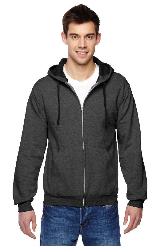 Fruit Of The Loom Mens Softspun Full Zip Hooded Sweatshirt Hoodie w/ Pockets - Heather Charcoal Grey - Closeout