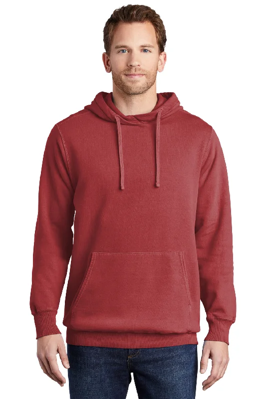 Port & Company Mens Beach Wash Fleece Hooded Sweatshirt Hoodie w/ Pouch Pocket - Rock Red