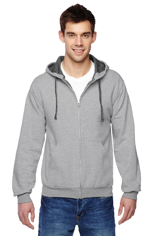 Fruit Of The Loom Mens Softspun Full Zip Hooded Sweatshirt Hoodie w/ Pockets - Heather Grey - Closeout