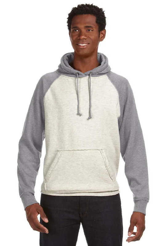 J America Mens Vintage Heather Hooded Sweatshirt Hoodie w/ Pouch Pocket - Oatmeal/Smoke Grey