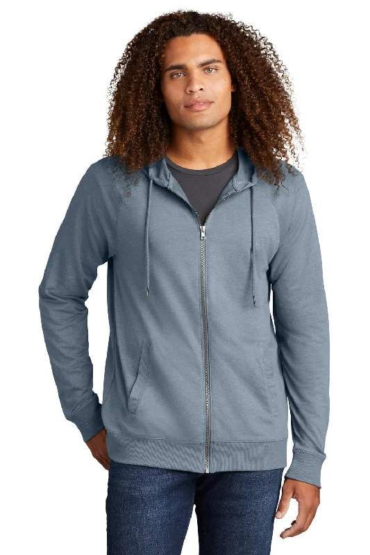 District Mens French Terry Full Zip Hooded Sweatshirt Hoodie w/ Pockets - Heather Flint Blue