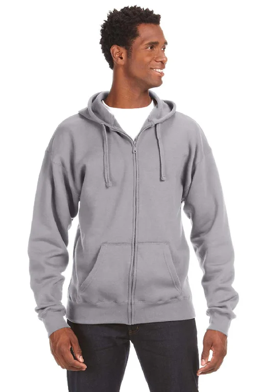 J America Mens Premium Fleece Full Zip Hooded Sweatshirt Hoodie w/ Pockets - Oxford Grey