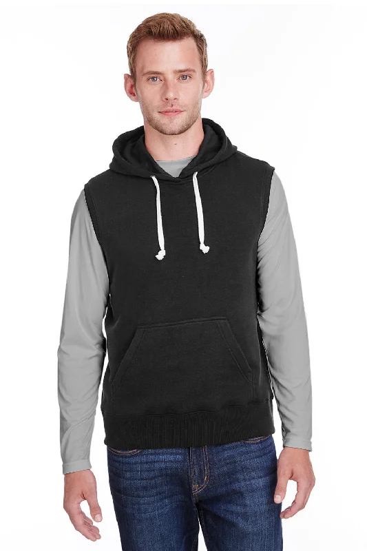 J America Mens Fleece Sleeveless Hooded Sweatshirt Hoodie w/ Pouch Pocket - Black