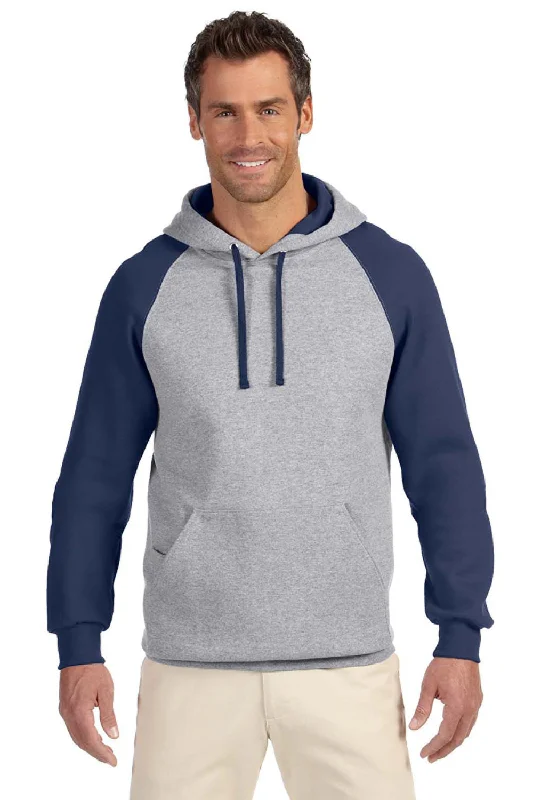 Jerzees Mens NuBlend Pill Resistant Fleece Hooded Sweatshirt Hoodie w/ Pouch Pocket - Oxford Grey/Navy Blue