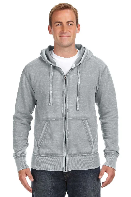 J America Mens Vintage Zen Burnout Fleece Full Zip Hooded Sweatshirt Hoodie w/ Pockets - Cement Grey