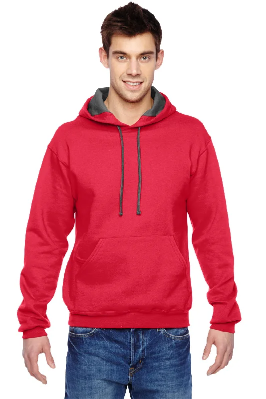 Fruit Of The Loom Mens Softspun Hooded Sweatshirt Hoodie w/ Pouch Pocket - Fiery Red - Closeout